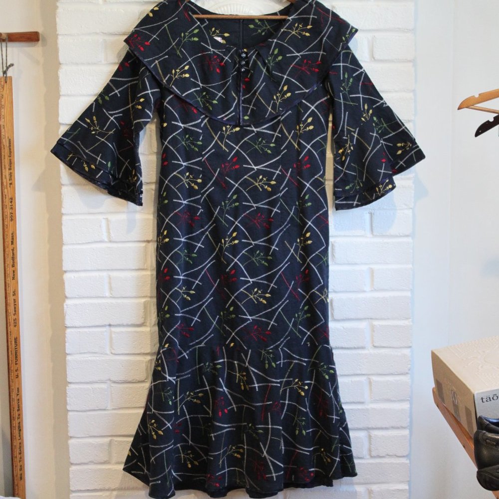 vintage 1960's size 18 linen dress embroidered mermaid cut by Basic unique rare